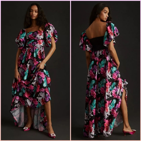 Delfi Puff-Sleeve Floral Printed Maxi Dress